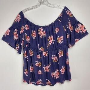 Rewind NWT Junior XL Blue Floral Off the Shoulder Babydoll Blouse Lightweight